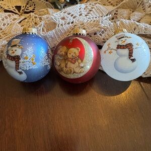 CHRISTMAS BY KREBS VTG Painted Ornaments Lot Snowman Teddy Bear